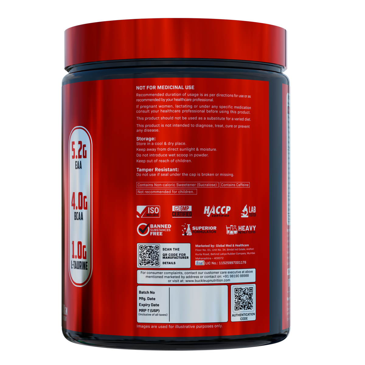BuckleUp Nutrition EAA-BCAA Intra Power Mode | 240g (30 Servings) | 5.2g EAA, 4g BCAA