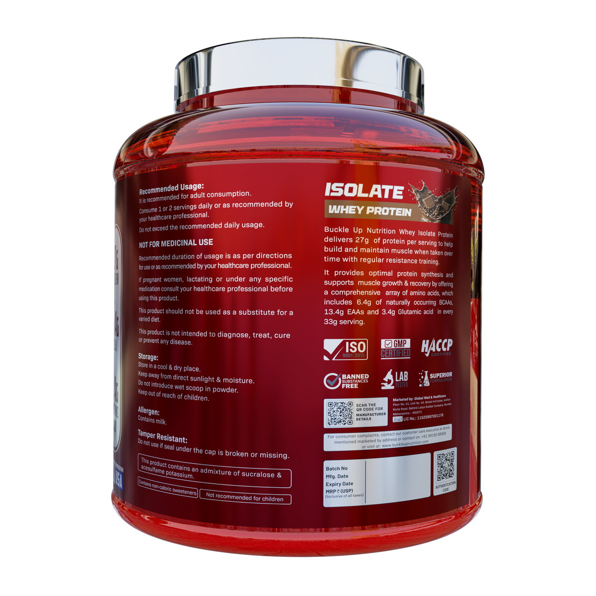 BuckleUp Nutrition Isolate Whey Protein Powder | 4 lbs (54 Servings) | 27g Protein