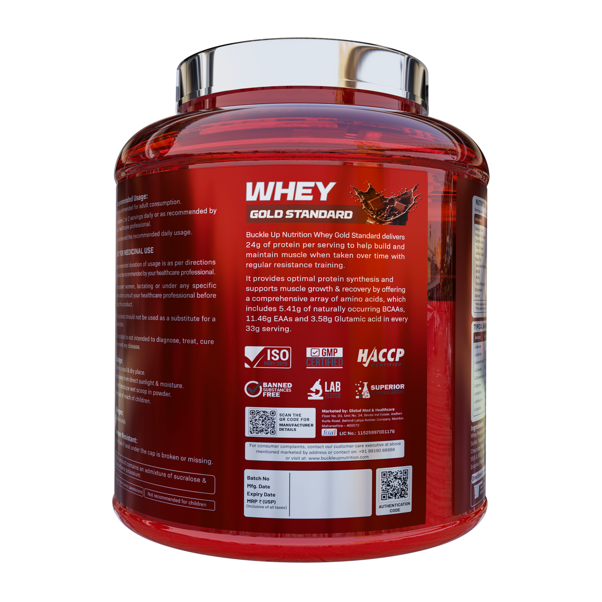 BuckleUp Nutrition Whey Gold Standard Protein Powder | 4 lbs (54 Servings) | 24g Protein