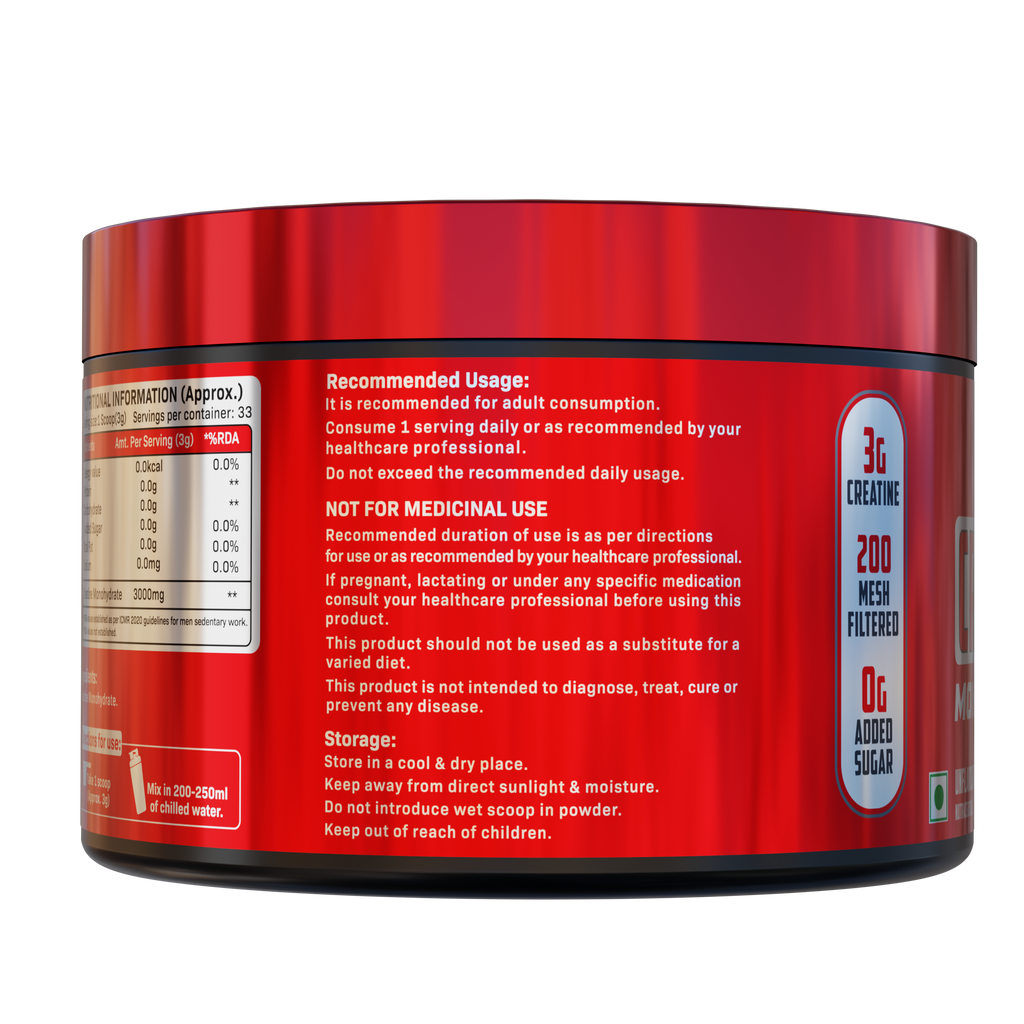 BuckleUp Nutrition Creatine Monohydrate | 100g (25 Servings) | 3g Creatine, 200 Mesh